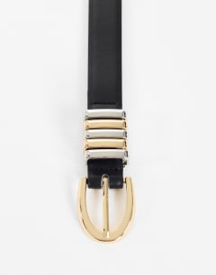 Model wearing Bobbi faux leather multi keeper belt in black