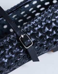 Model wearing Bobbi leather woven ballet in black