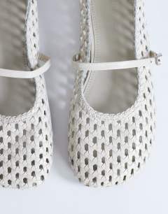 Model wearing Bobbi leather woven ballet in buttermilk