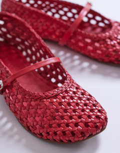 Model wearing Bobbi leather woven ballet in red