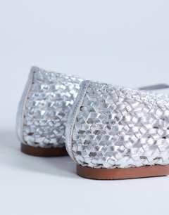 Model wearing Bobbi leather woven ballet in silver