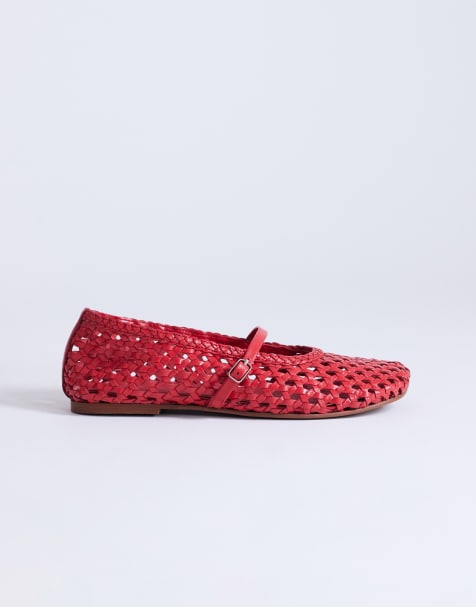 Topshop – Bobbi – Leder-Ballerinas in Rot mit Webstruktur - view 1