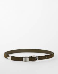 Model wearing Bobbi suedette multi keeper belt in khaki