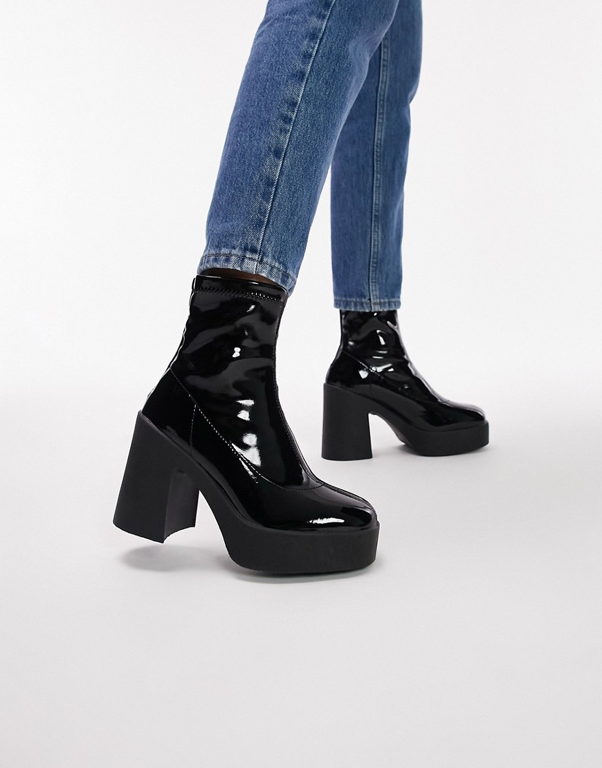 Topshop Bobbie platform heeled sock boot in black
