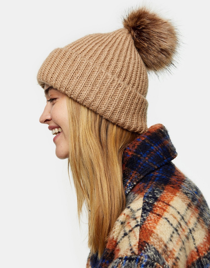 Topshop bobble hat with faux fur pom pom in camel-Brown