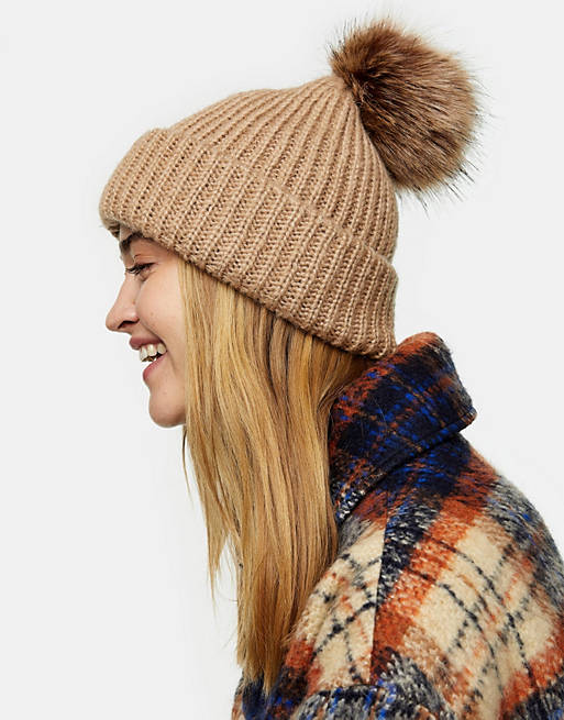 New women Ladies Designer Knitted Turn Up Bobble Ski Beanie Faux Fur Pom Hat 