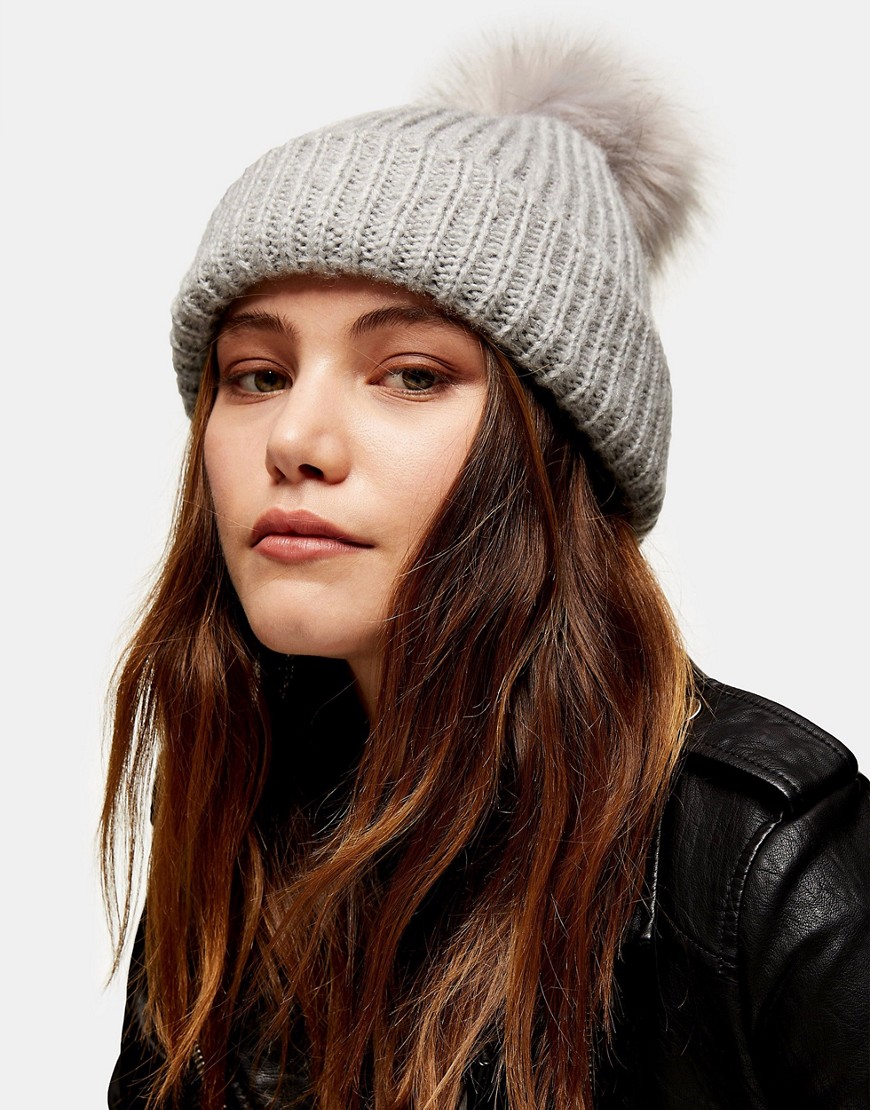 Topshop bobble hat with faux fur pom pom in gray-Grey