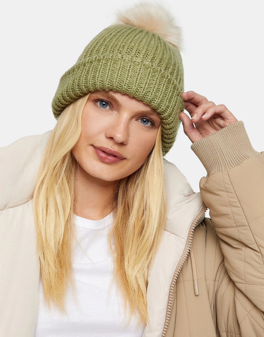 Topshop bobble hat with faux fur pom pom in pistachio-Green