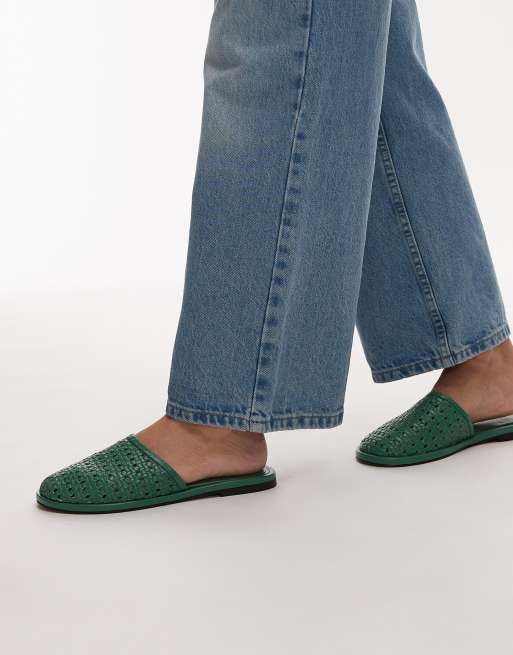 Topshop - Bobby - Grønne vævede clogs i læder, 3 af 4