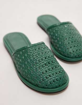 Topshop Bobby Leather Woven Clogs In Green