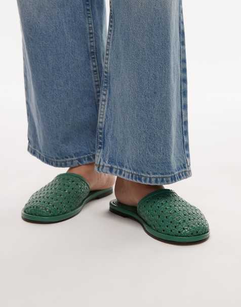 Topshop - Bobby - Leren geweven klompen in groen - view 1