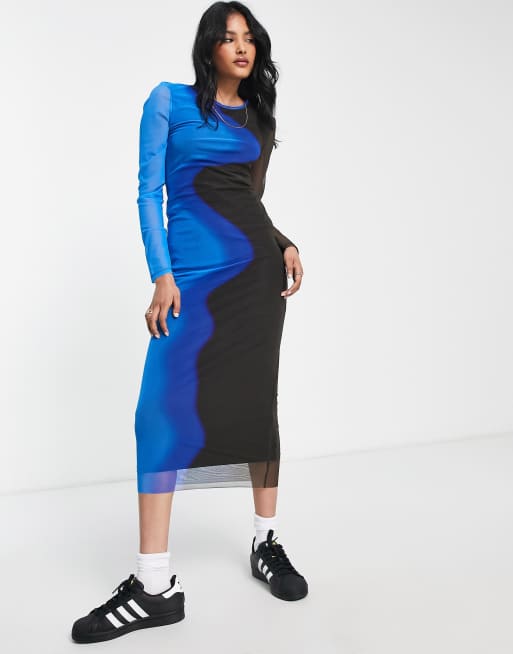 Topshop body contour mesh long sleeve midi dress in blue and black | ASOS