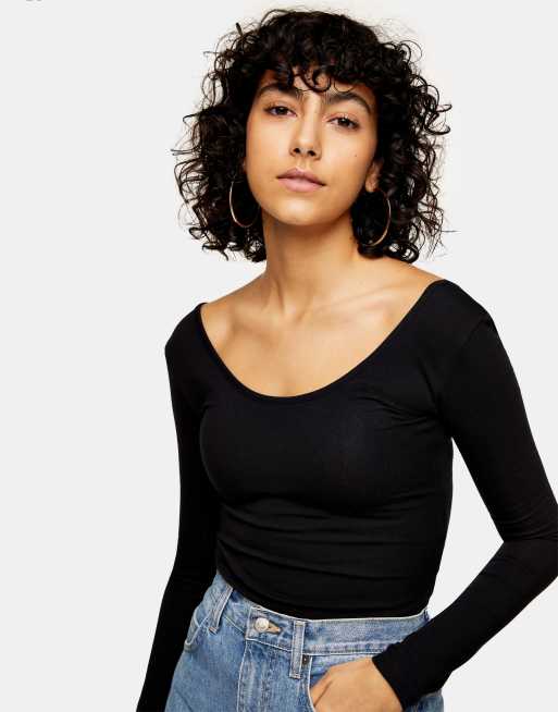 Topshop - Bodysuit met lange mouwen en lage ronde hals in zwart