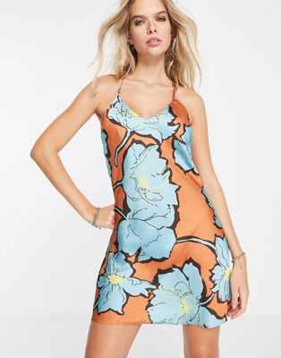Topshop bold floral mini slip dress in blue and orange - ASOS Price Checker