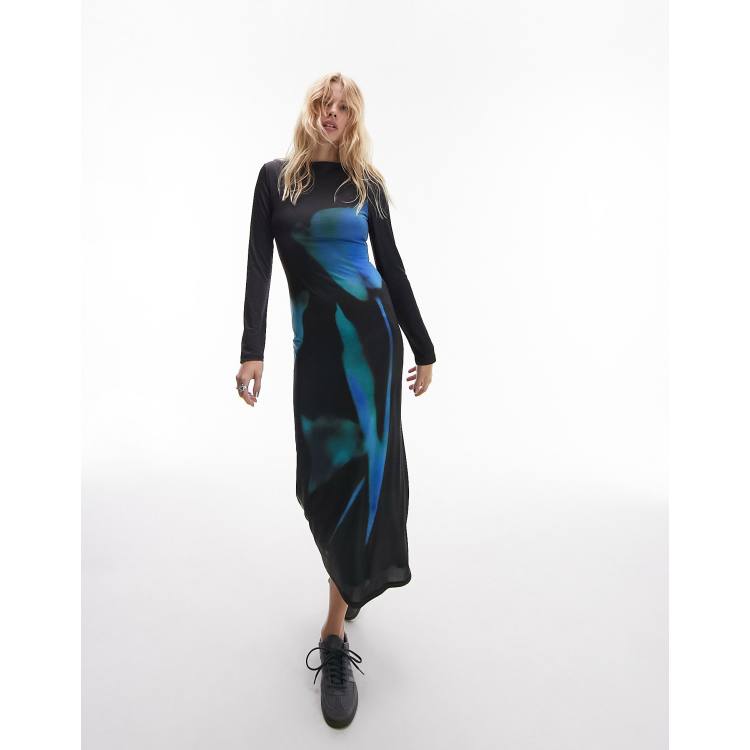 Topshop bold floral placement print midi dress in blue and black | ASOS