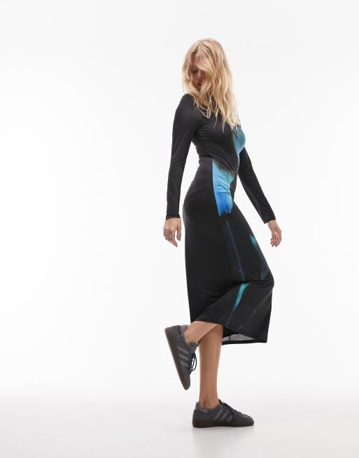 Topshop bold floral placement print midi dress in blue and black, 3 of 4