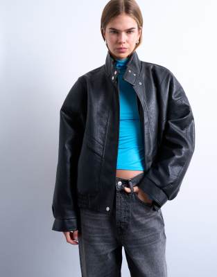 Topshop - Bomber à col cheminée et surpiqûres avec détail double épaisseur à l'avant - Noir