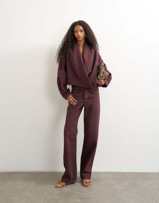 Topshop bomber à col drapé portefeuille en aubergine, 2 de 4