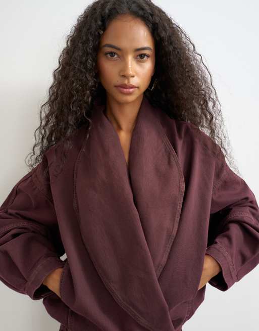 Topshop bomber à col drapé portefeuille en aubergine, 3 de 4