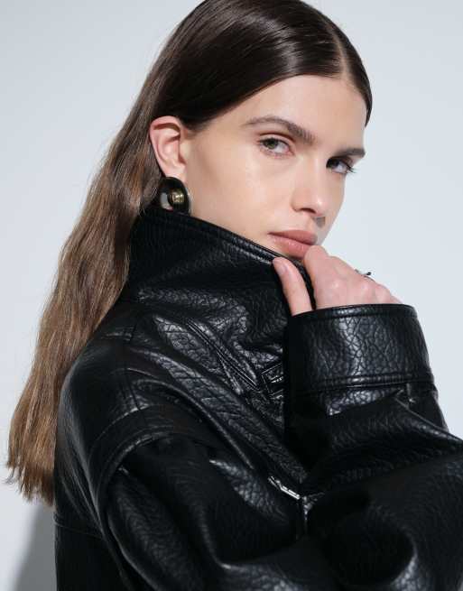 Topshop bomber corto in pelle sintetica con zip nero, 3 di 5