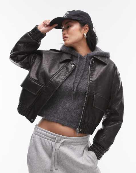 Topshop - Bomber coupe boule courte en similicuir - Noir - view 1