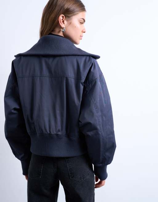 Topshop - Bomber court à large col côtelé - Bleu marine, 3 de 4