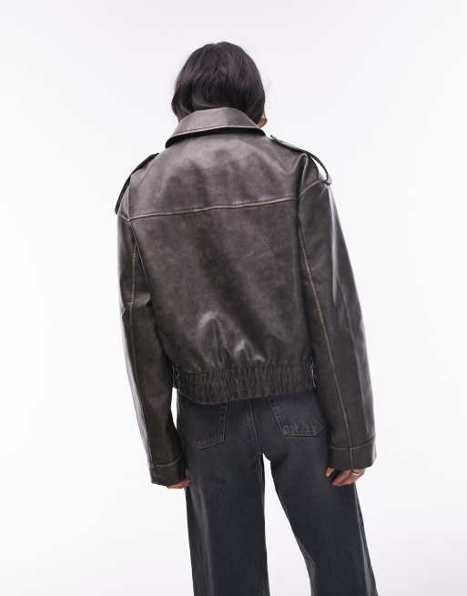 Topshop - Bomber court en similicuir avec col - Noir délavé, 4 de 4