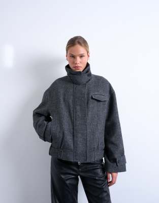 Topshop - Bomber en aspect laine avec languette de boutonnage - Anthracite-Gris