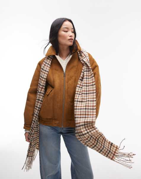 Topshop - Bomber en daim synthétique et imitation peau de mouton - Marron - view 1
