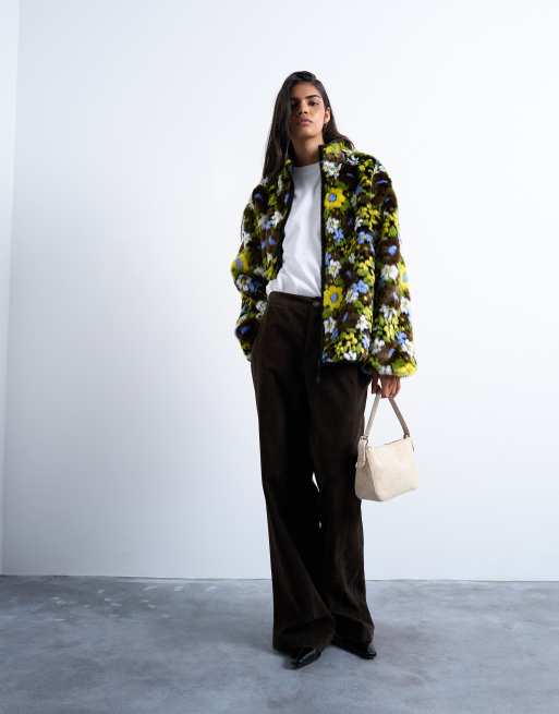 Topshop - Bomber en fausse fourrure à fleurs - Multicolore