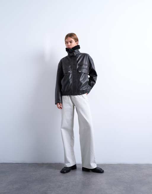Topshop - Bomber en similicuir à col cheminée avec imitation peau de mouton - Noir, 3 de 4