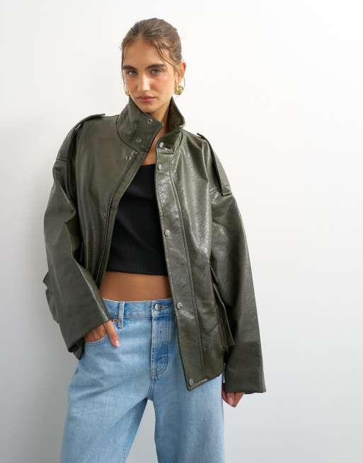 Topshop - Bomber en similicuir avec cordon de serrage et col cheminée - Vert, 3 de 4