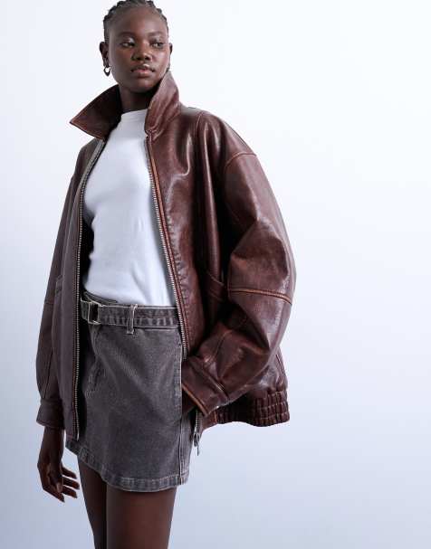 Topshop - Bomber en similicuir contrastant - Marron ultra-délavé - view 1