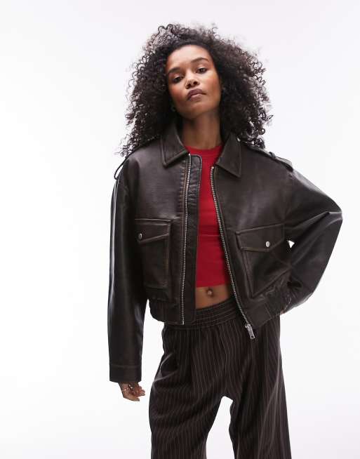 Topshop - Bomber en similicuir grainé - Marron, 2 de 5
