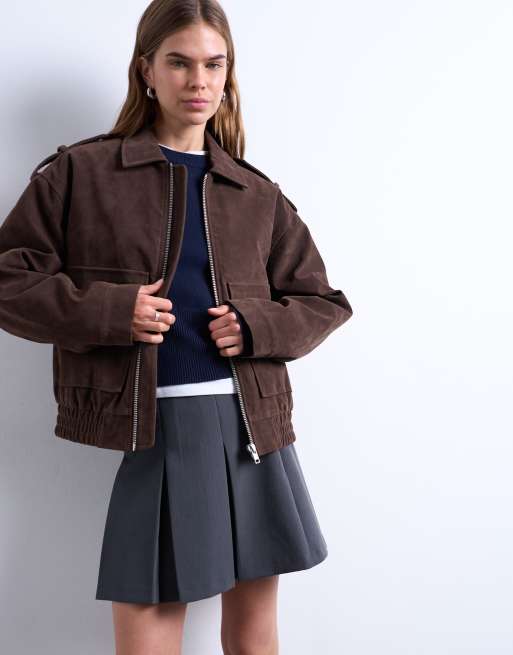 Topshop - Bomber in camoscio sintetico color cioccolato foderato e trapuntato con bottoni a pressione