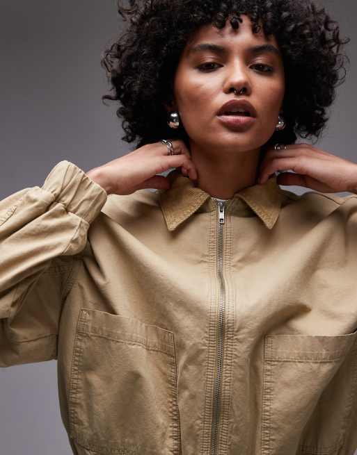 Topshop - Bomber in cotone color cuoio con colletto in velluto a coste