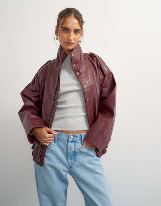 Topshop - Bomber in pelle sintetica bordeaux con coulisse e collo a imbuto, 3 di 4