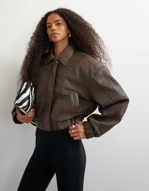 Topshop bomber in pelle sintetica testurizzata color cioccolato, 1 di 4