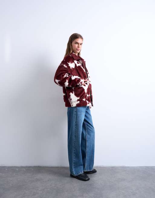 Topshop faux fur cow print bomber jacket
