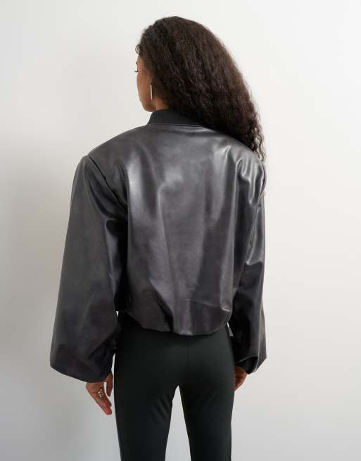 Topshop bomber jacket oversize con zip in pelle sintetica nero slavato, 3 di 4