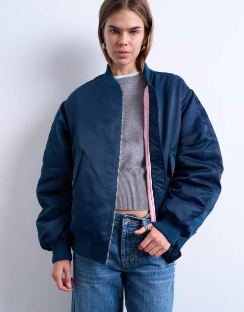 Topshop bomber jacket with contrast lining in navy - view 1
