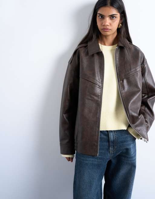 Topshop - Bomber-jakke i forvasket brunt og imiteret læder med vintage-vask og sømdetaljer samt lynlås