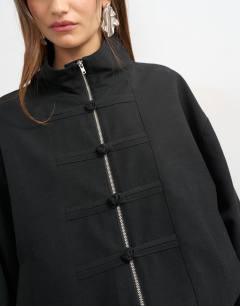 Model wearing Bomber mandarin collar jacket in black