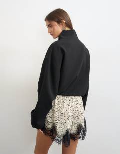 Model wearing Bomber mandarin collar jacket in black