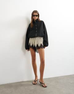 Model wearing Bomber mandarin collar jacket in black