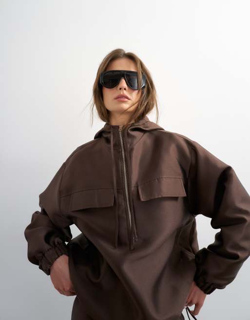 Topshop - Bomber marrone con zip corta in coordinato