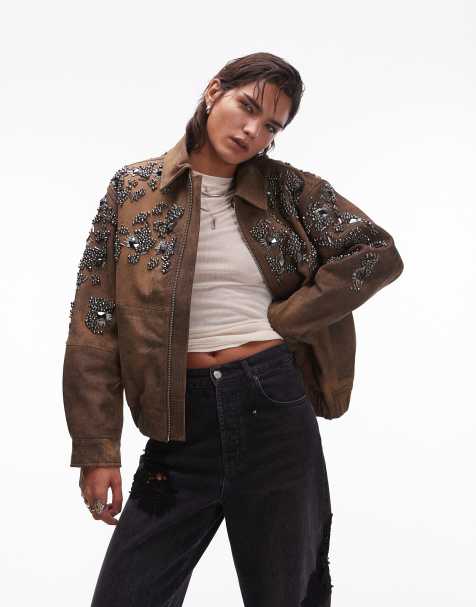 Topshop - Bomber ornementé en cuir de qualité supérieure - Marron - view 1