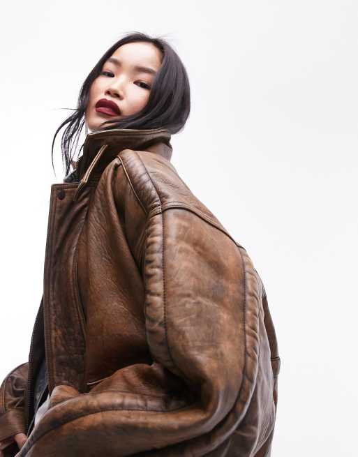Topshop - Bomber oversize en cuir véritable de qualité supérieure - Fauve, 5 de 5