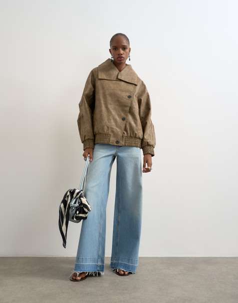 Topshop - Bomber oversize en similicuir asymétrique à col cheminée - Marron délavé - view 1