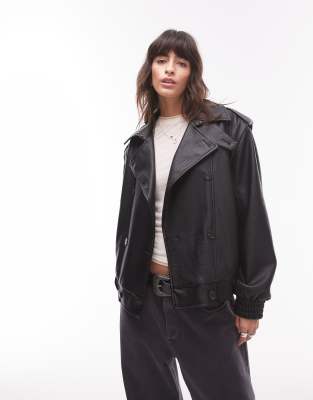 Topshop - Bomber oversize en similicuir style trench coupe bouffante - Noir